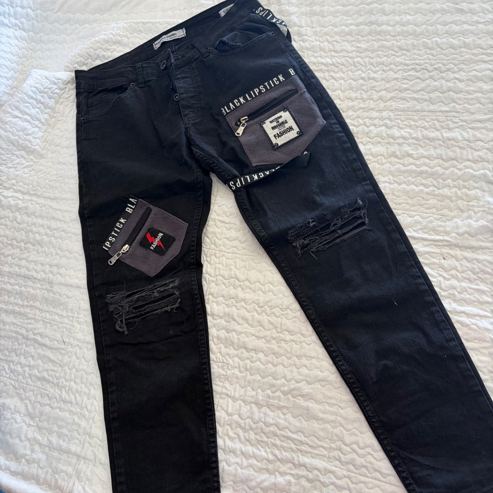 Mariano Denim Mens Black Distressed Slim Fit Streetwear Cargo Jeans W31 L31